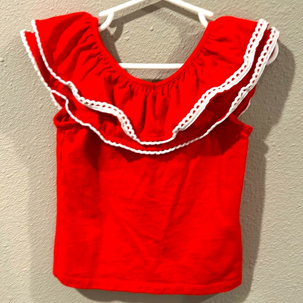 Janie and Jack Girls sleeveless Ruffle Top, Red and White, 4.